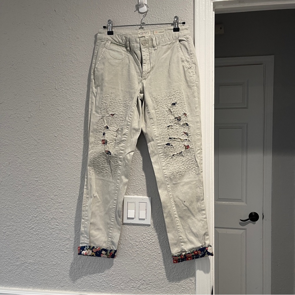 CHINO by Anthropologie cropped embroidered distressed floral patch khakis 26 - Picture 7 of 10